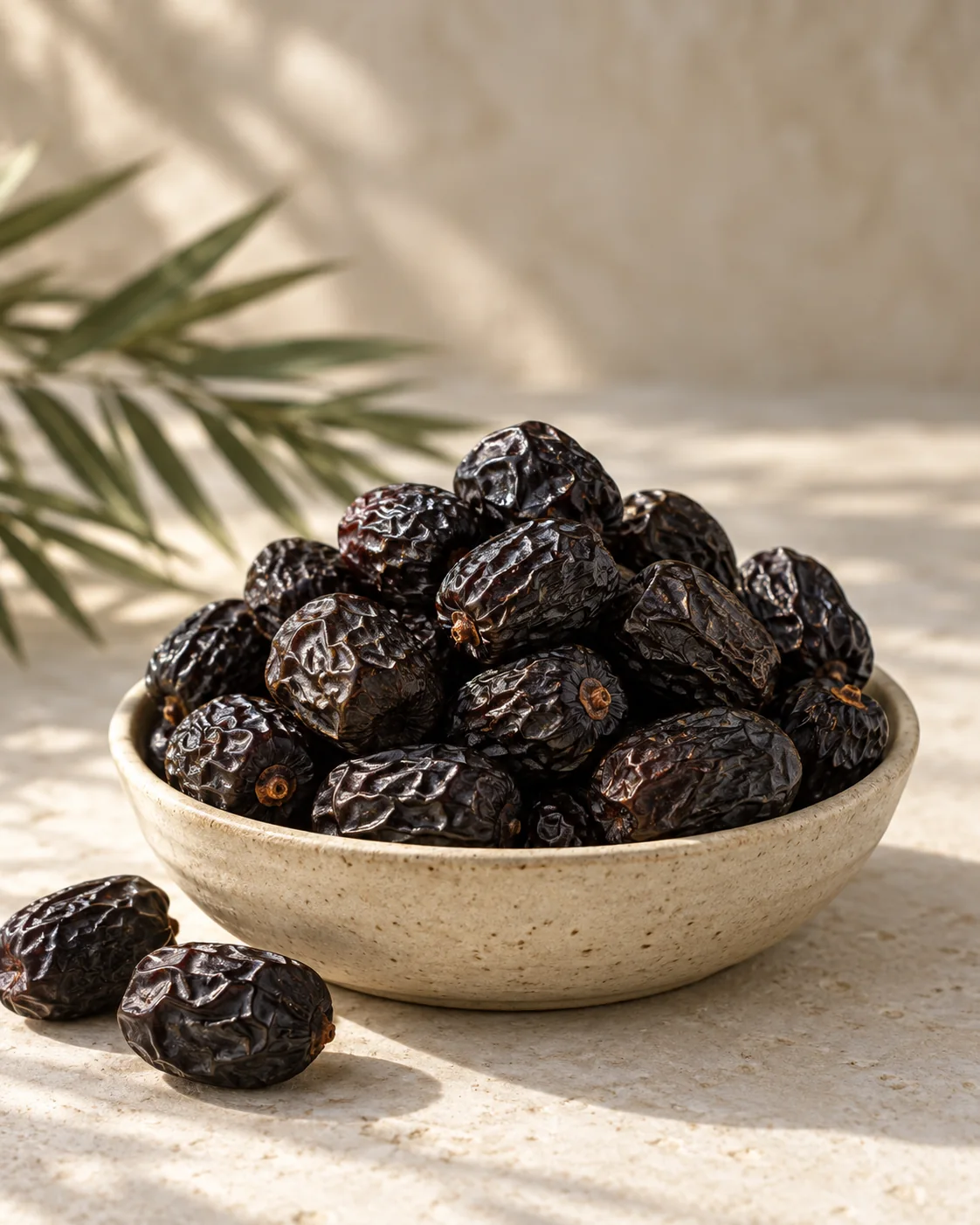 A bowl of dark Ajwa dates on a pale stone surface