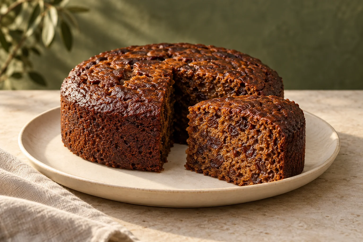 A date cake with a slice showing its crumb on a ceramic plate