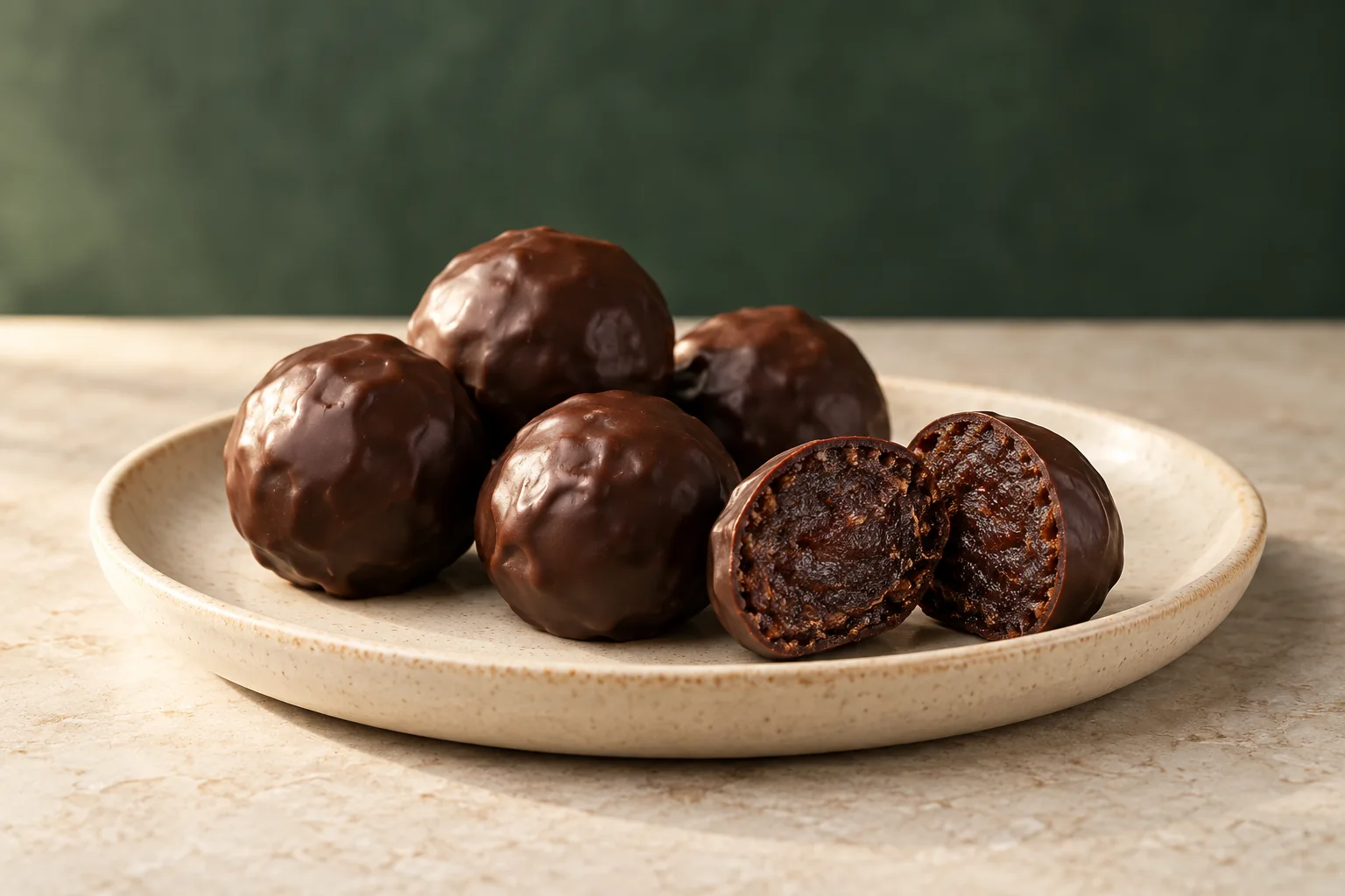 Chocolate-covered date balls with one cut open to show the date centre
